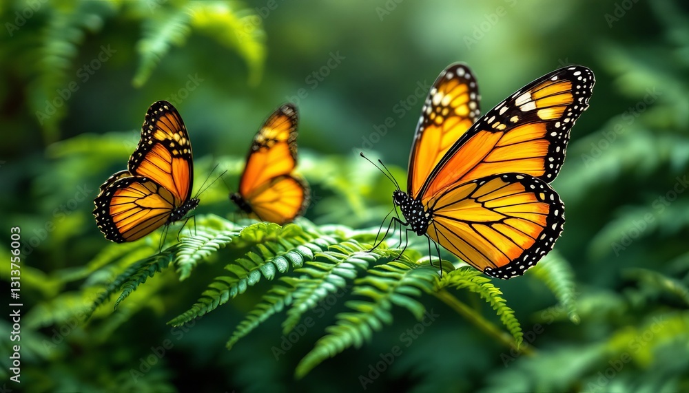 Fototapeta premium Delicate butterflies perched on fern leaves, nature's elegance unfolding in intricate wing patterns, soft hues merging into serene botanical beauty