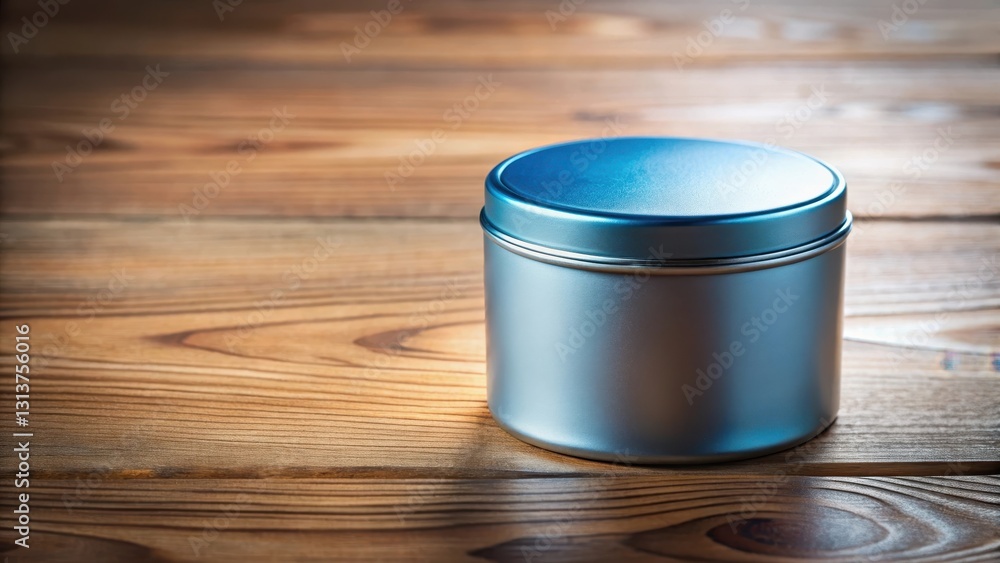 A cylindrical metallic container with a smooth, satin-like finish, featuring a contrasting, slightly darker metallic lid, sits on a rustic wooden surface. A cylindrical metallic container with a smooth, satin-like finish, featuring a contrasting, slightly darker metallic lid, sits on a rustic wooden surface.