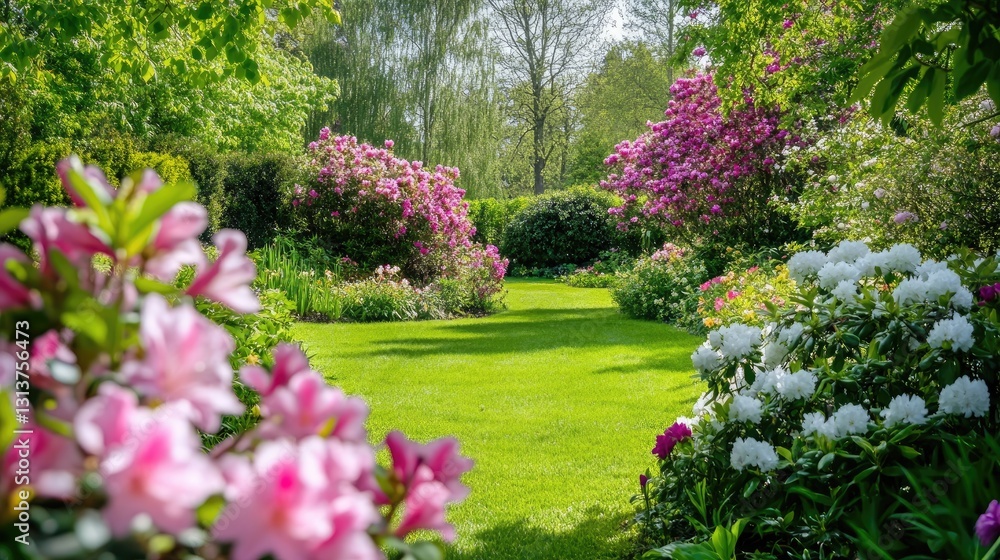 Vibrant Floral Landscape in Serene Garden with Lush Greenery Vibrant Floral Landscape in Serene Garden with Lush Greenery