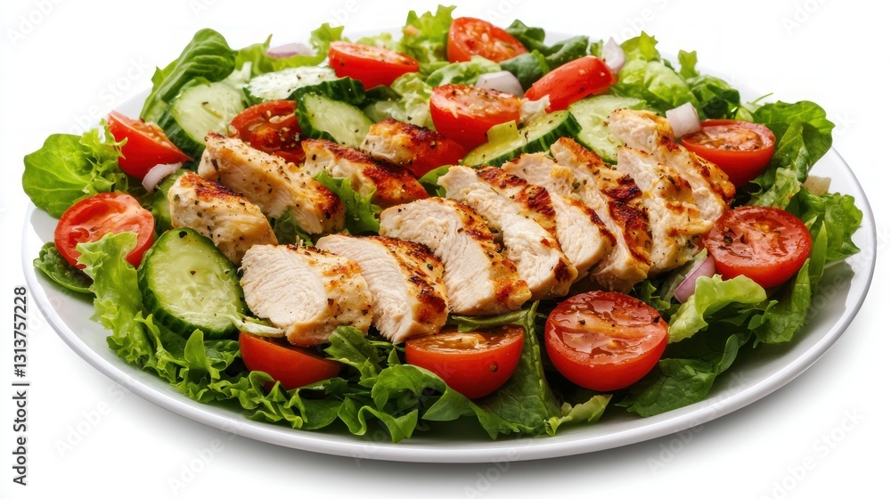 Culinary delight featuring a fresh chicken salad with leafy greens tomatoes and cucumbers presented on a pristine white plate Culinary delight featuring a fresh chicken salad with leafy greens tomatoes and cucumbers presented on a pristine white plate