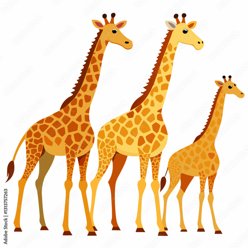 Naklejka premium Giraffe Trio: Three giraffes of varying sizes stand side-by-side in a bright illustration, showcasing their distinctive patterned coats and long necks.