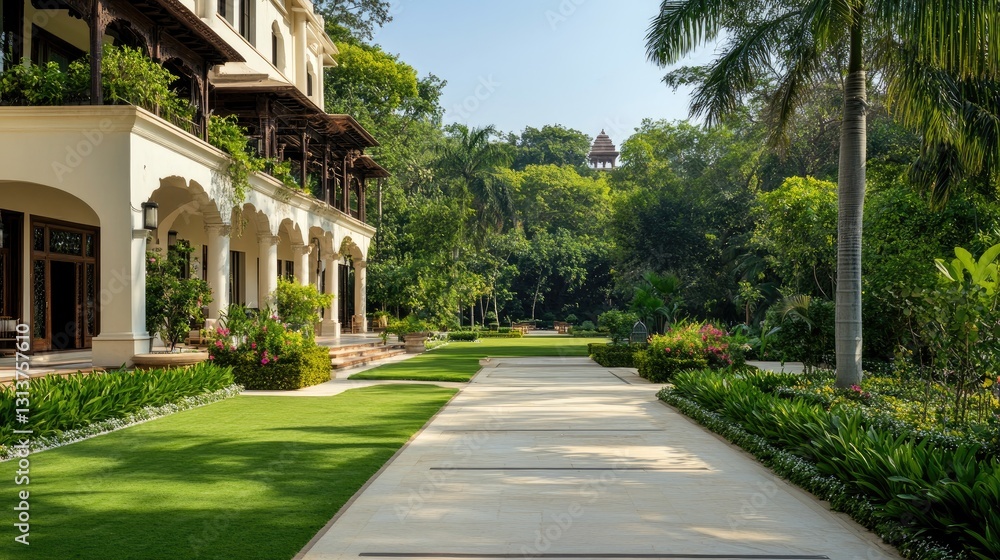 Serene Pathway Surrounded by Lush Greenery and Elegant Architecture Serene Pathway Surrounded by Lush Greenery and Elegant Architecture