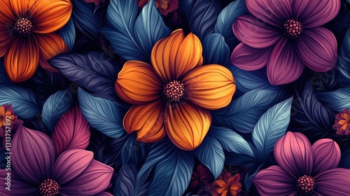 Wallpaper Mural Vibrant floral pattern with orange and purple flowers amidst lush blue leaves Torontodigital.ca