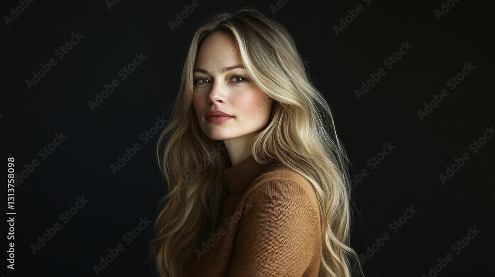 beautiful woman portrait long blonde hair brown sweater beautiful woman portrait long blonde hair brown sweater