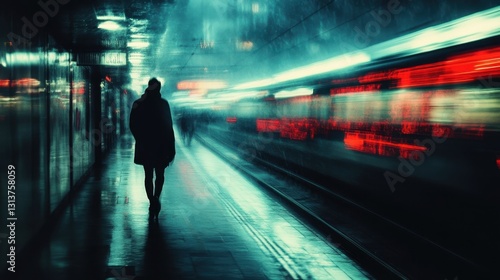 Silhouette of a person in rainy neon-lit urban train station at night