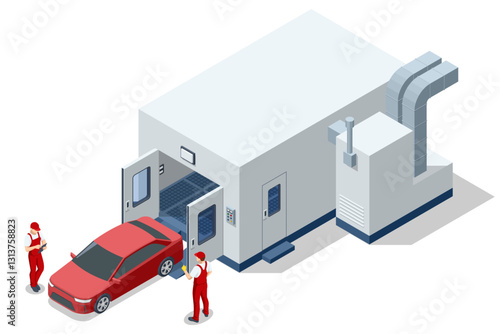 Isometric painting booth with two technicians and red car. Ventilation ducts and protective suits ensure a controlled, professional auto paint process.