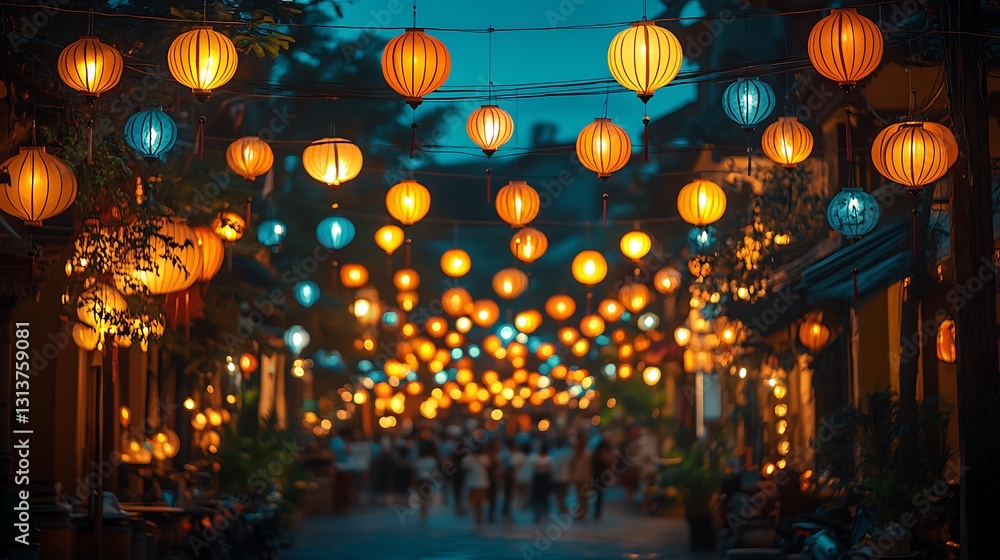 Colorful paper lanterns hanging above a crowded street during a nighttime celebration Colorful paper lanterns hanging above a crowded street during a nighttime celebration