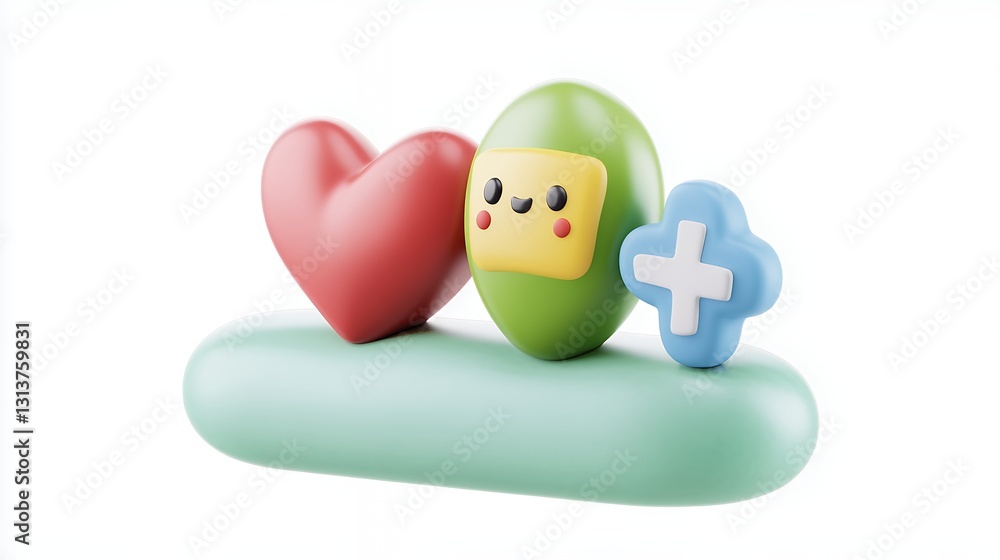 Three 3D Objects on Cloud Shape, Heart, Oval, Plus Sign, Pastel Colors Three 3D Objects on Cloud Shape, Heart, Oval, Plus Sign, Pastel Colors