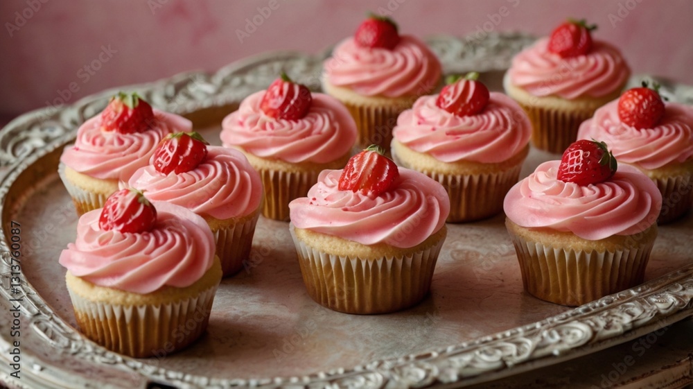 A set of adorable mini strawberry-flavored cupcakes with swirls of pink frosting and a single strawberry slice on top, arranged on a vintage tray. A set of adorable mini strawberry-flavored cupcakes with swirls of pink frosting and a single strawberry slice on top, arranged on a vintage tray.
