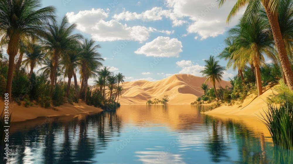 Serene Oasis Surrounded by Lush Palm Trees and Golden Sand Dunes Under a Clear Blue Sky Serene Oasis Surrounded by Lush Palm Trees and Golden Sand Dunes Under a Clear Blue Sky