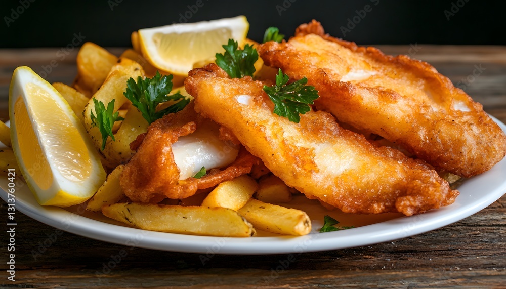 Crispy Fried Fish and Chips with Lemon Garnish Crispy Fried Fish and Chips with Lemon Garnish