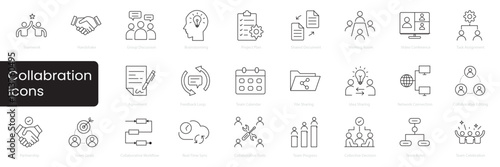 collaboration icon set. outline icons. Agreement, Team Celebration, Team Roles, Collective Decision, Team Progress, Collaborative Tools.