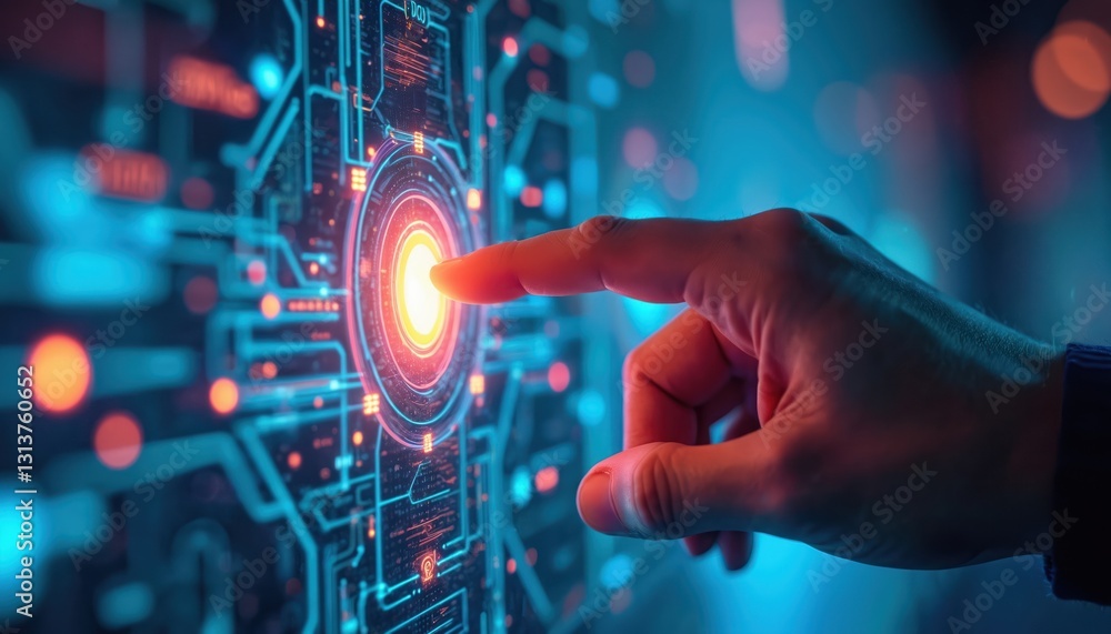 Finger pushing glowing button on touch screen interface. Digital technology. Futuristic cyberspace concept. High tech, technologies abstract background. Data stream visualization. Digitalization Finger pushing glowing button on touch screen interface. Digital technology. Futuristic cyberspace concept. High tech, technologies abstract background. Data stream visualization. Digitalization