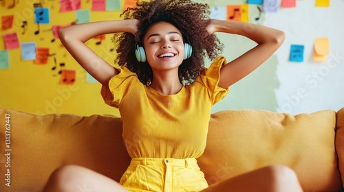 Joyful hispanic young woman enjoying music in bright room with colorful notes