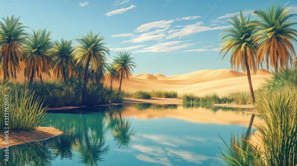 Tranquil Desert Oasis with Lush Palm Trees and Serene Reflection in Clear Water Under Bright Sky Tranquil Desert Oasis with Lush Palm Trees and Serene Reflection in Clear Water Under Bright Sky