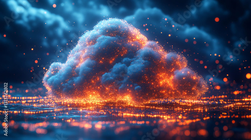 A digital cloud with glowing data flows through a dark blue sky, symbolizing the vast potential of cloud computing, with orange and yellow neon lines adding depth to this futuristic concept.