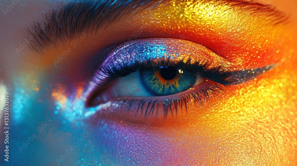Vibrant and colorful close-up of eye with glitter makeup art Vibrant and colorful close-up of eye with glitter makeup art