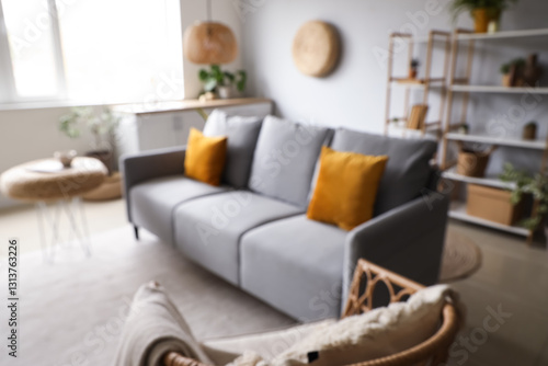 Blurred view of light living room with cozy grey sofa  chair  houseplants and wicker poufs