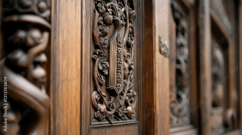 Intricate Wood Carving on Antique Door with Floral Designs and Textures Intricate Wood Carving on Antique Door with Floral Designs and Textures