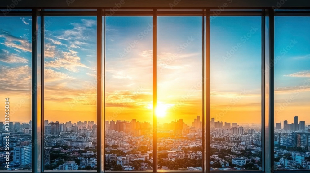 Fototapeta premium Sunrise view from a modern building overlooking a vibrant city skyline with colorful clouds