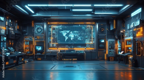 Futuristic control room  global network display  monitoring  neon lights  sci-fi design