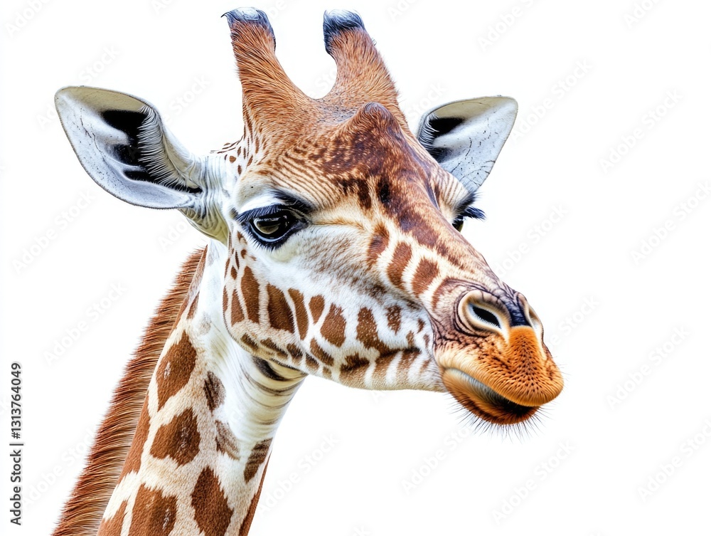 Fototapeta premium A single giraffe looking at the camera with its tongue out.