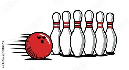 A flat vector illustration of a bowling alley featuring a red bowling ball rolling towards a set of pins. Multilayer SVG file without gaps between paths.	