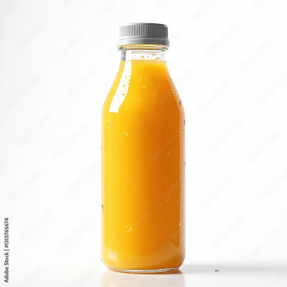 Mango juice in glass bottle isolated on white background. Healthy tropical fruit smoothie, natural diet refreshment. Cold summer beverage. Suitable for mockups and product demonstrations. Mango juice in glass bottle isolated on white background. Healthy tropical fruit smoothie, natural diet refreshment. Cold summer beverage. Suitable for mockups and product demonstrations.