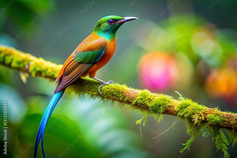 Obraz premium A sleek, metallic bird with a bright green body and wings that shimmer