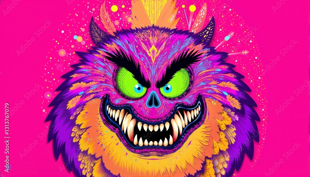 Vibrant monster art with fierce expression on pink background Vibrant monster art with fierce expression on pink background