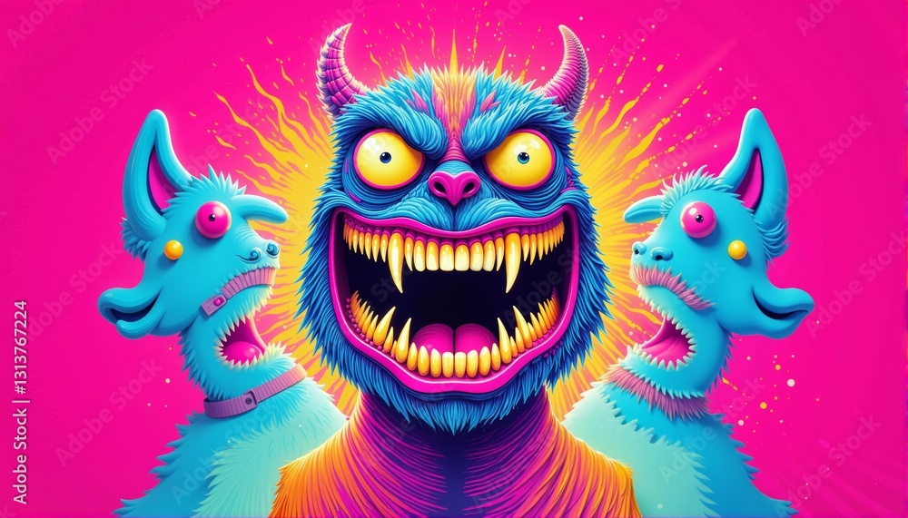 Naklejka premium Vibrant fantasy creatures unleash fun and mischief in a colorful world