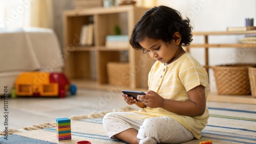 Indian Child Playing Educational Game on Phone	
