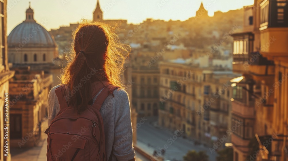 Fototapeta premium woman traveler with backpack admiring sunset cityscape
