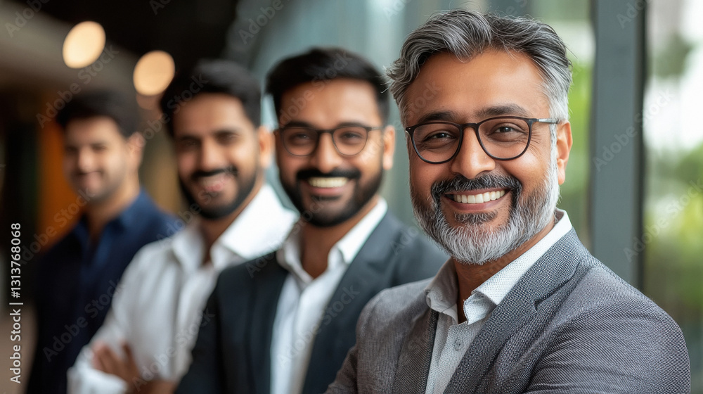 Smiling Indian business team led by a senior leader in a modern office indoor Smiling Indian business team led by a senior leader in a modern office indoor
