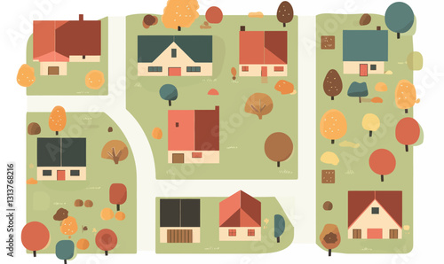 Aerial View of Minimalist Village Illustration with Autumn Trees and Houses