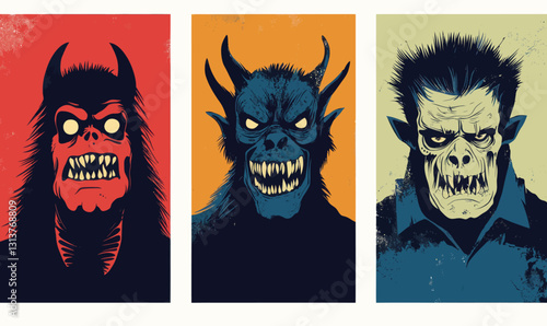Halloween Monster Portraits Set in Flat Minimalist Vector Style