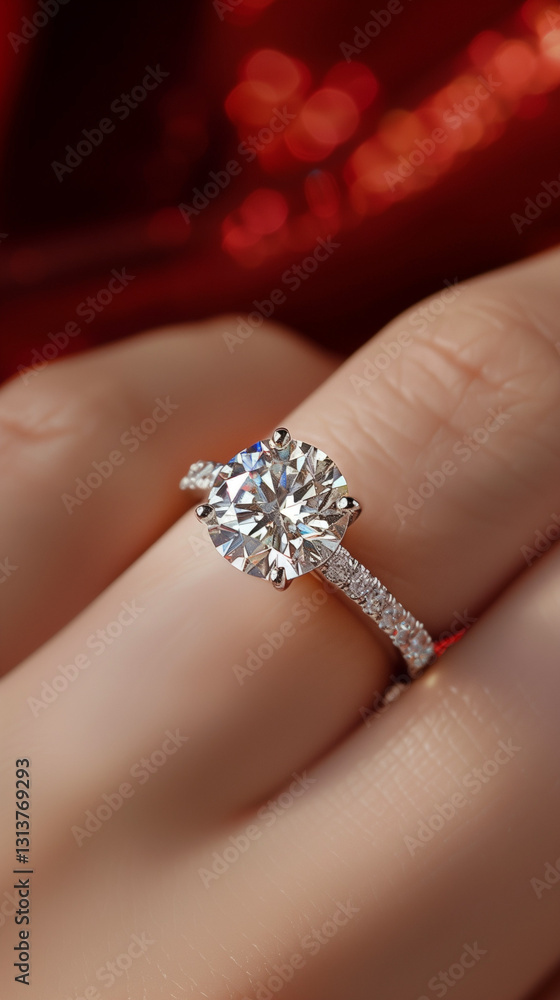 Diamond engagement ring on a finger in close-up view. Diamond engagement ring on a finger in close-up view.