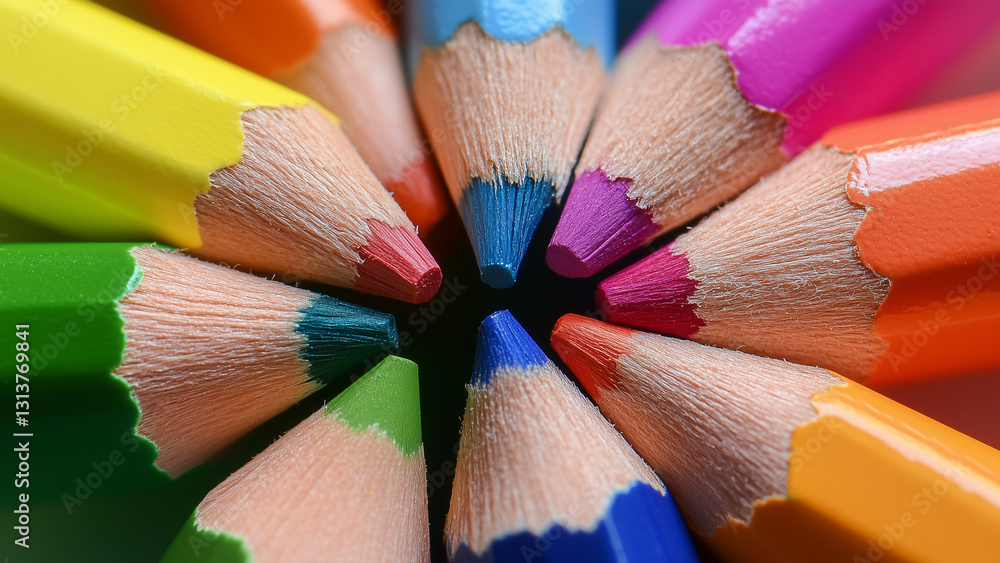 colored pencils arranged in circular pattern, highlighting their tips and vibrant colors colored pencils arranged in circular pattern, highlighting their tips and vibrant colors