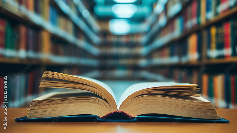 pen book on table in library, surrounded by rows of bookshelves receding into the distance pen book on table in library, surrounded by rows of bookshelves receding into the distance