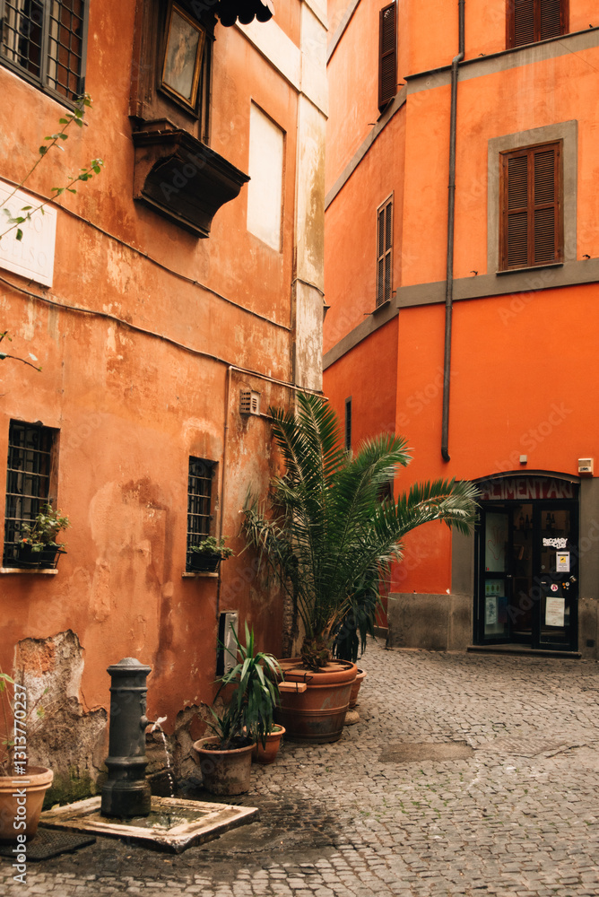 Obraz premium A courtyard in Italy with a drinking fountain and a palm tree