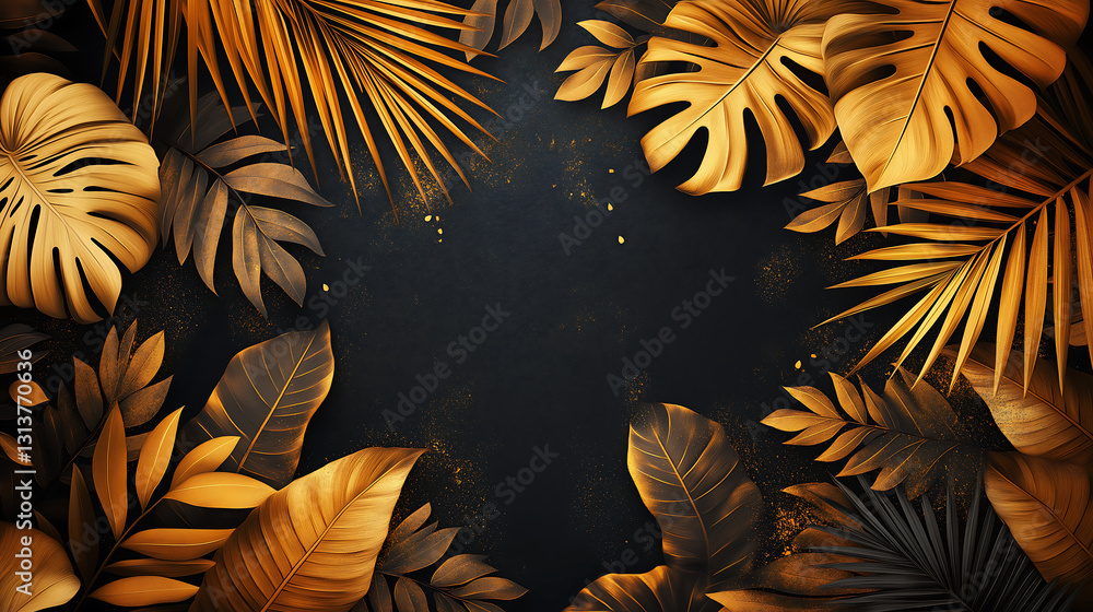 tropical leaves in gold on black background, space for text, generative ai tropical leaves in gold on black background, space for text, generative ai