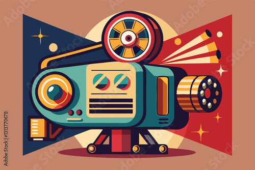 Vector illustration of a retro film projector with dramatic rays behind, evoking nostalgic cinema memories of adventure and storytelling