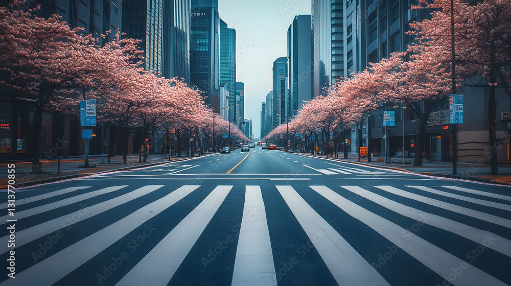 Scenic Spring Walk: Cherry Blossoms Over a Crosswalk in Seoul
