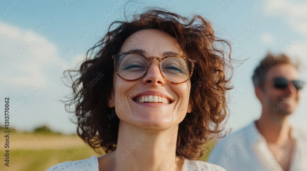 Joyful woman enjoying a sunny day outdoors with a smiling companion near a picturesque field Joyful woman enjoying a sunny day outdoors with a smiling companion near a picturesque field