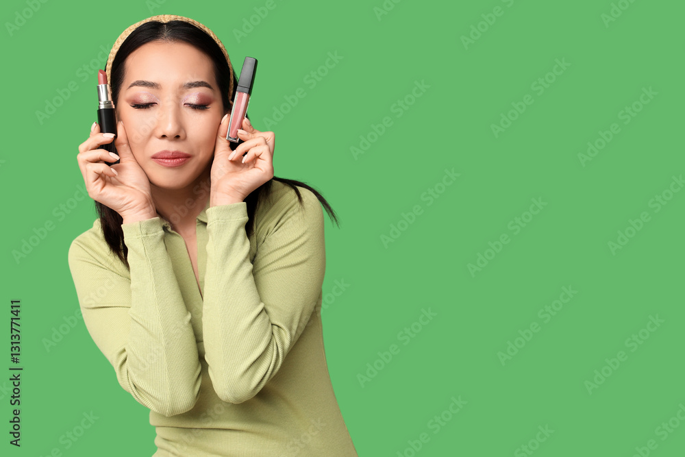 Φωτογραφία Beautiful Asian woman with different lipsticks on green background