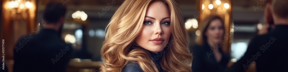 Beautiful Woman with Long Blonde Hair in Luxury Beauty Salon, Reflected in Wall Mirrors Beautiful Woman with Long Blonde Hair in Luxury Beauty Salon, Reflected in Wall Mirrors