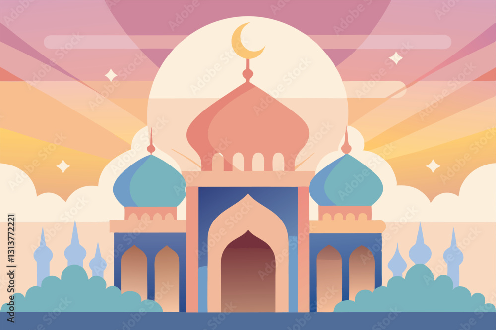 Majestic vector illustration of a mosque under a colorful sunset sky with vibrant hues and stylized clouds Majestic vector illustration of a mosque under a colorful sunset sky with vibrant hues and stylized clouds
