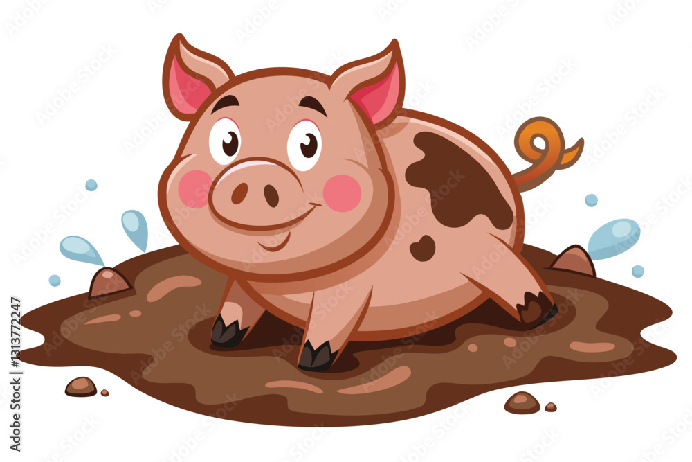 Happy cartoon pig playing in mud with splashes in a playful farmyard setting during a sunny day Happy cartoon pig playing in mud with splashes in a playful farmyard setting during a sunny day