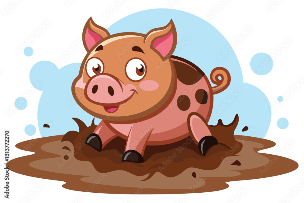 Happy cartoon pig playing in mud with splashes in a playful farmyard setting during a sunny day Happy cartoon pig playing in mud with splashes in a playful farmyard setting during a sunny day