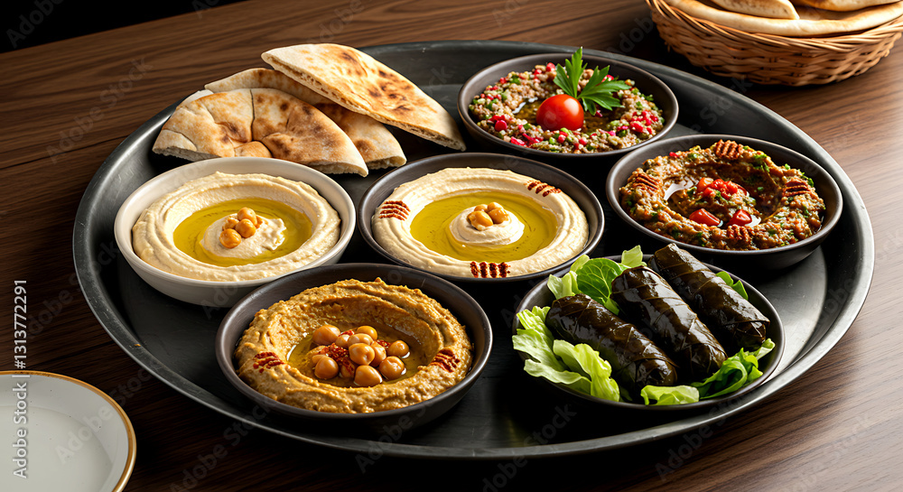 Middle Eastern mezze platter with hummus, baba ganoush, and stuffed grape leaves Middle Eastern mezze platter with hummus, baba ganoush, and stuffed grape leaves